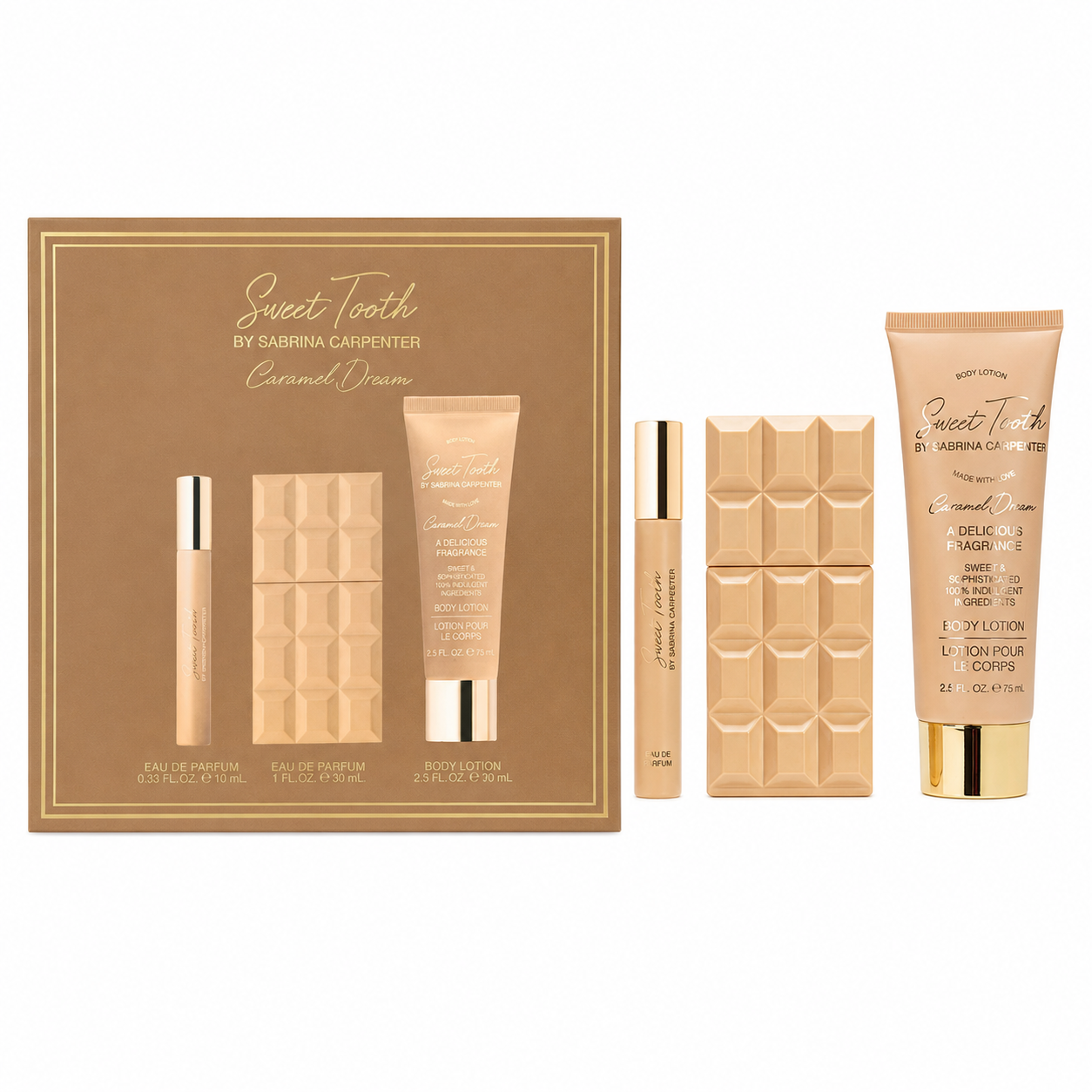 Sabrina Carpenter Caramel Dream Gift Set — 30 mL Eau de Parfum + 10 mL Travel Spray + 75 mL Body Lotion